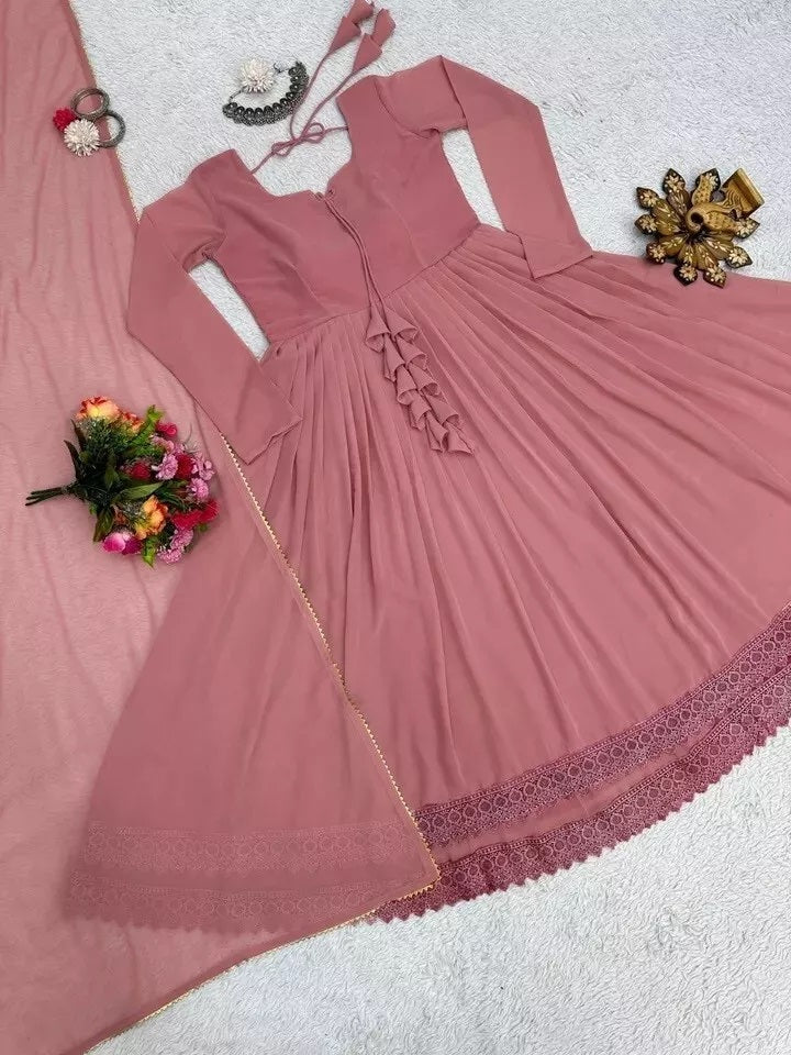 Traditional Classic Full Stitched Faux Georgette Long Anarkali Gown Dupatta