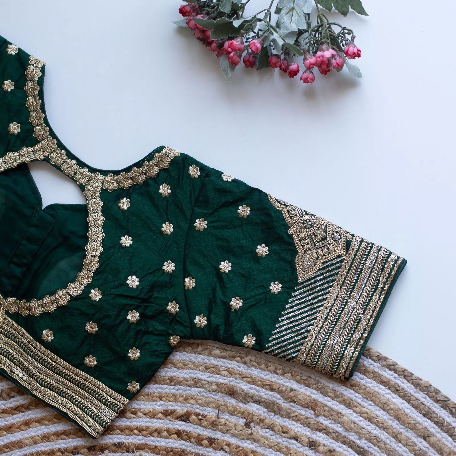 Caterpillar Silk With Golden Embroidery & Sequence Work Full Stitched Blouse & Choli