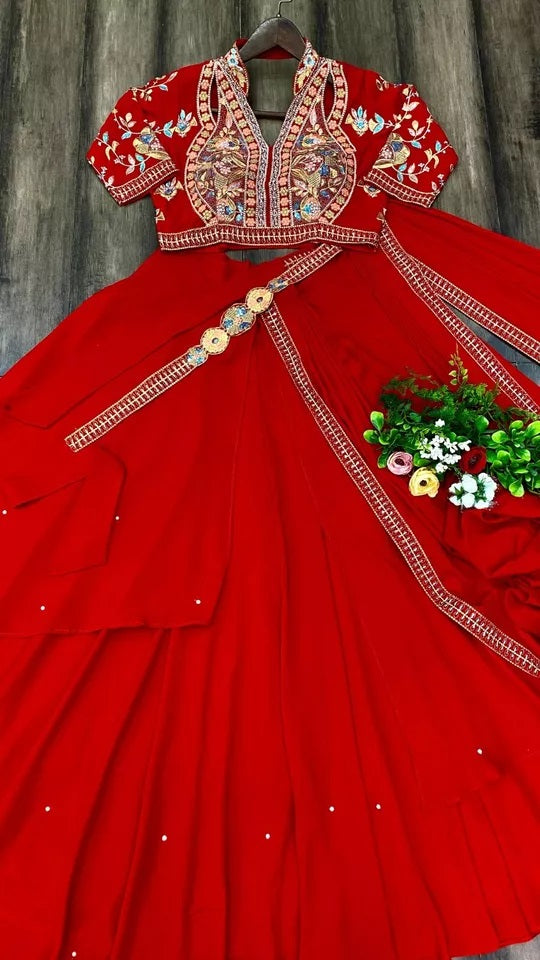 Fiona Silk  Embroidery Lace Work & Moti Work Lehenga Saree Blouse With Belt