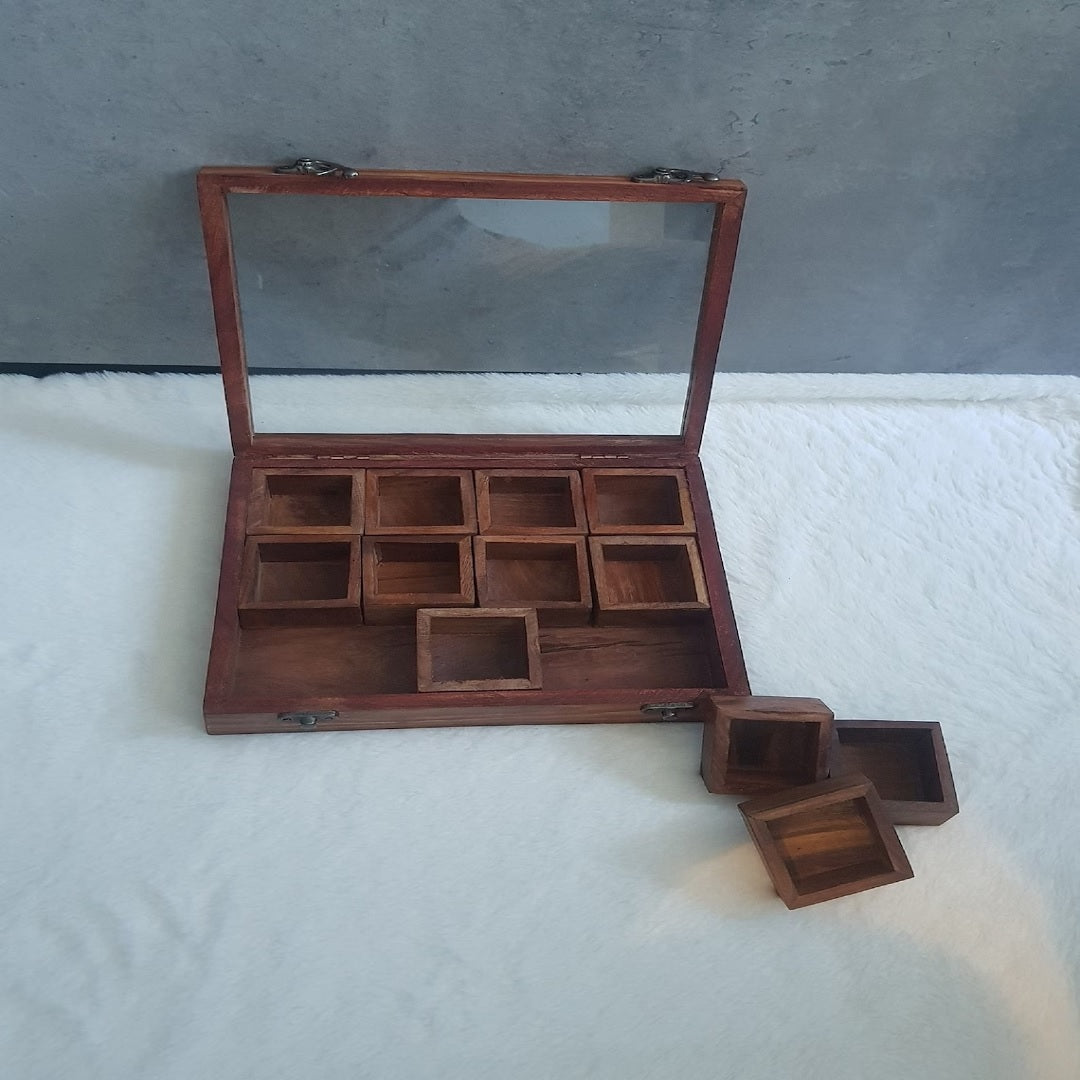 Wooden Multi-Compartment Storage Box Multipurpose Table Top Glass Lid on Top Box Spice box Dry Fruit Box