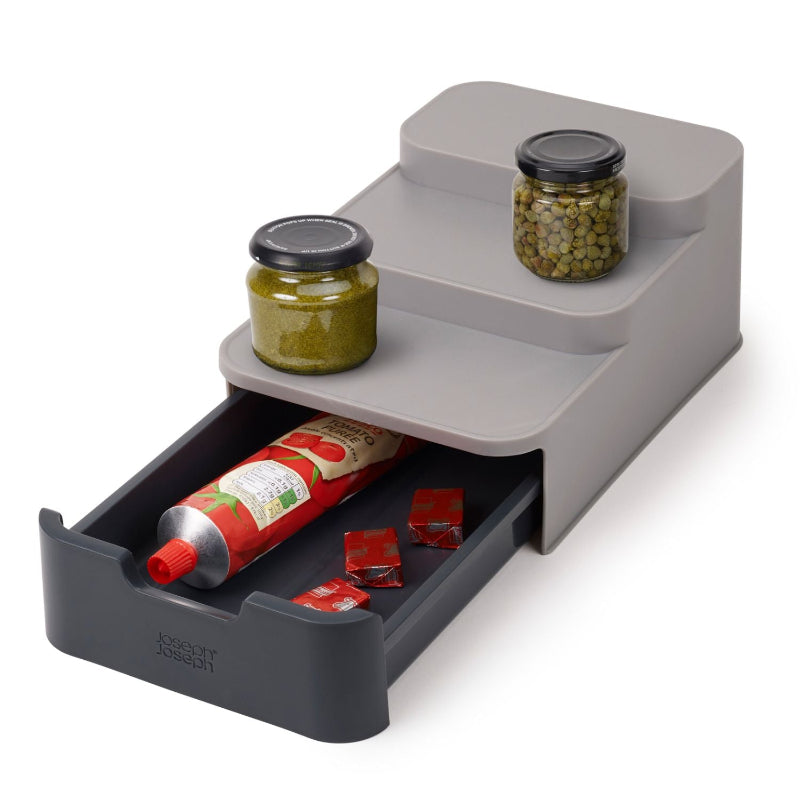 Cupboard Store Compact Gray 3 Tier Shelf Organizer with Drawer