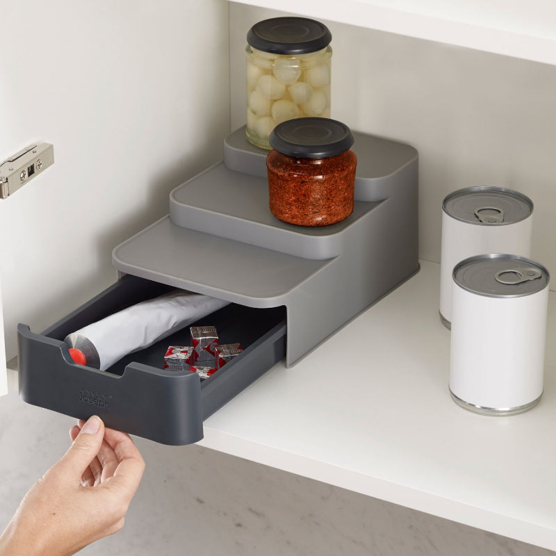 Cupboard Store Compact Gray 3 Tier Shelf Organizer with Drawer