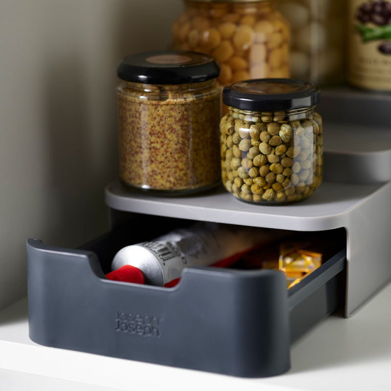 Cupboard Store Compact Gray 3 Tier Shelf Organizer with Drawer