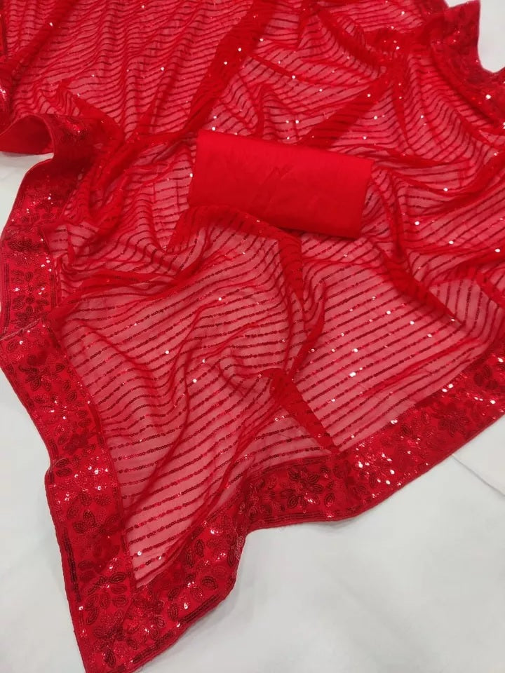 Red Georgette With Embroidery Sequence Work Saree