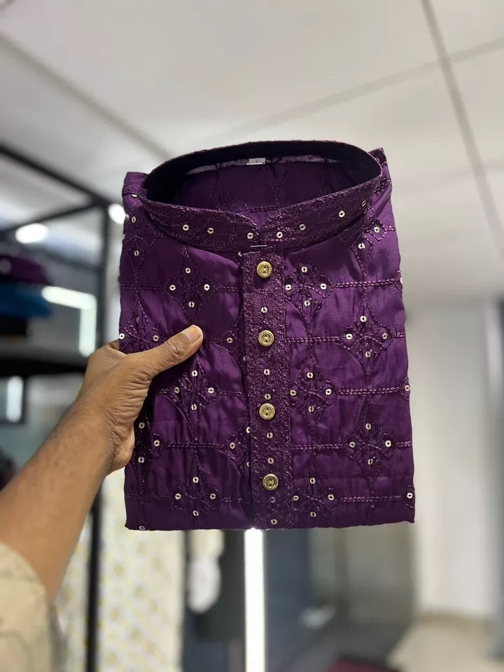 Designer Cotton With Heavy Machine Embroidery Kurta Pajama Set For Men's