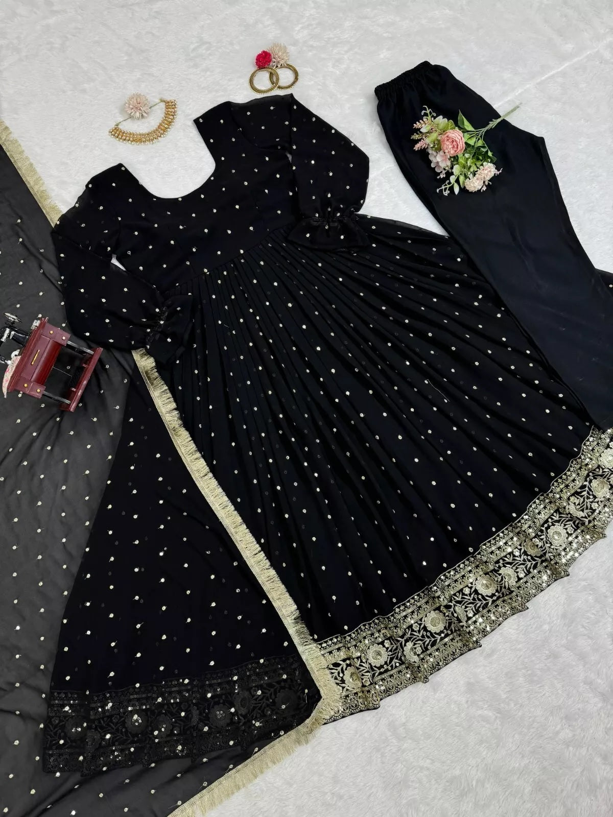 Faux Georgette With Thread Sequence Work Top Pant Dupatta