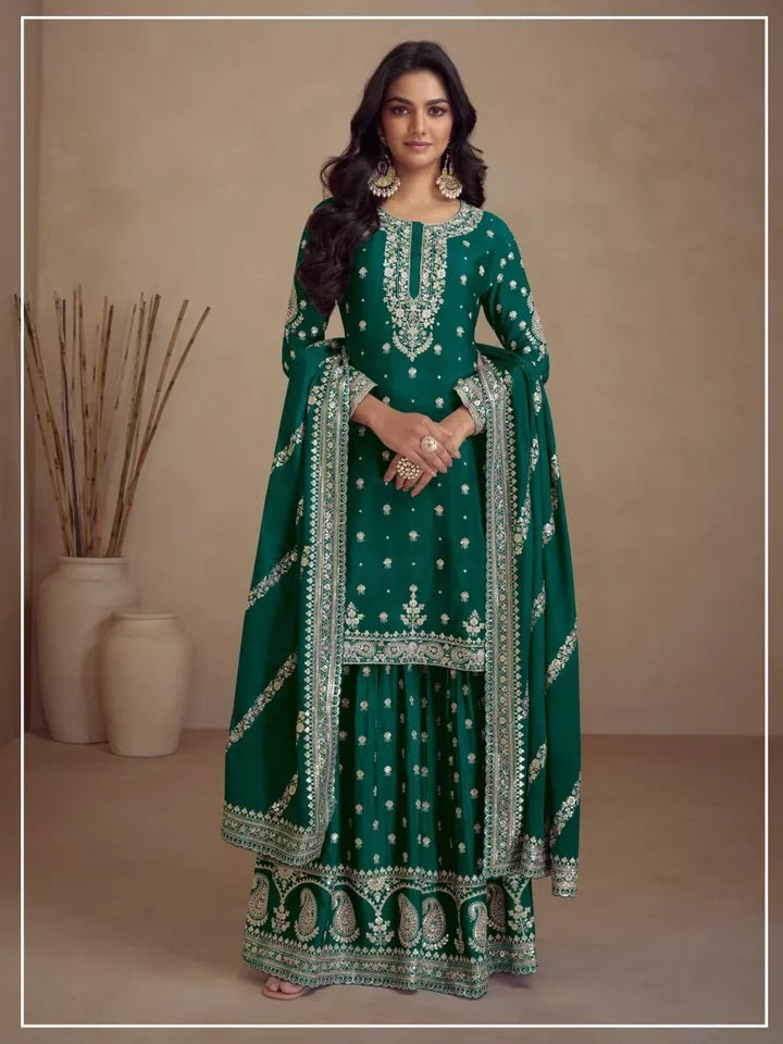 Party Wedding Collection Semi Stitched Heavy Silk Top Palazzo & Dupatta