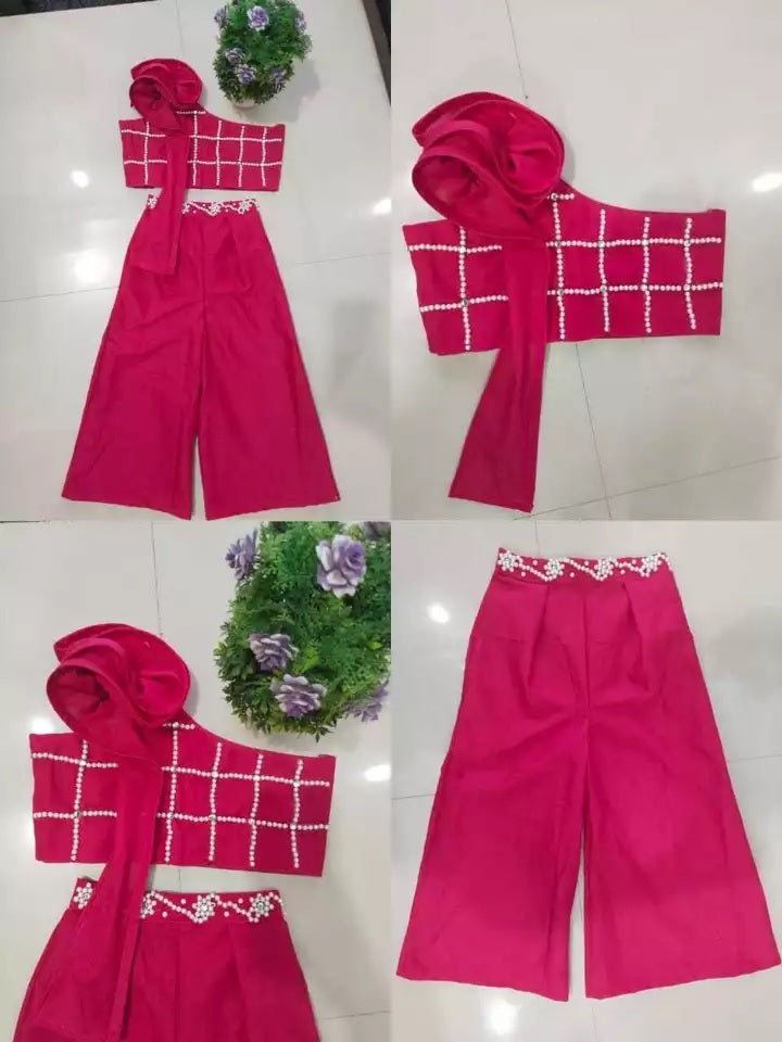 Elegant Bright Pink Cotton Palazzo and One-Shoulder Top Set