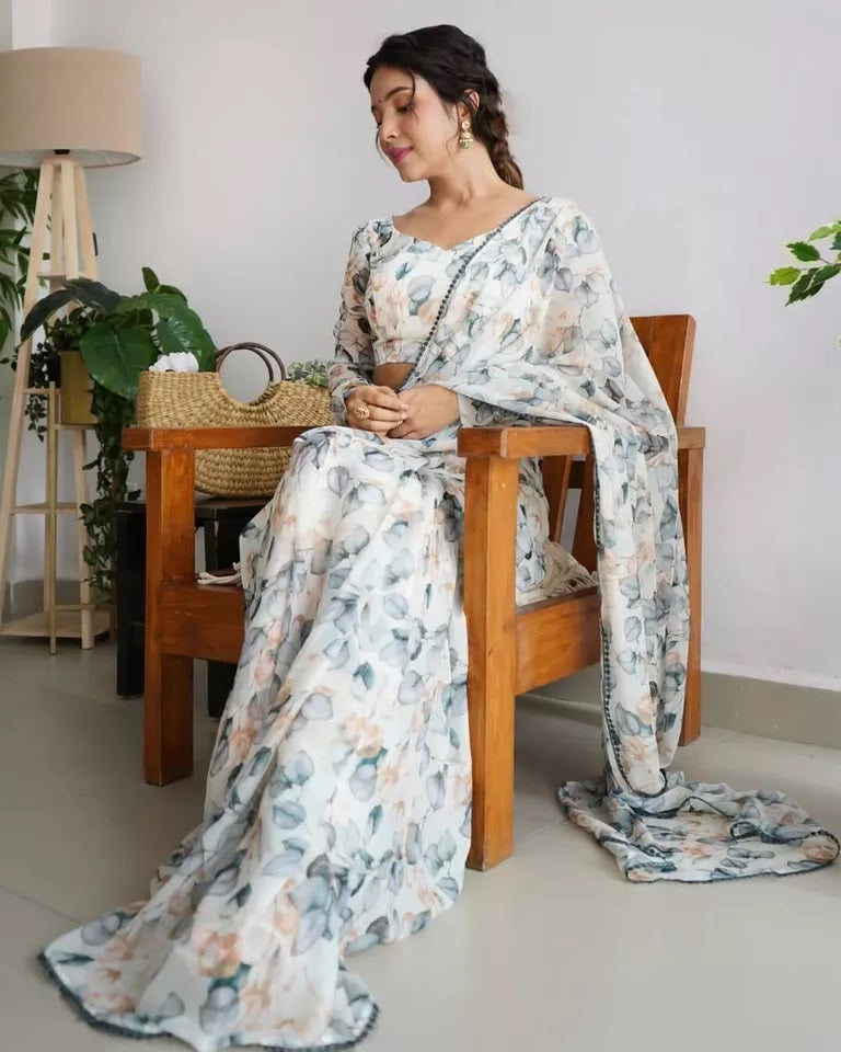 Premium Georgette With Fancy Lace Border Work Read To Wear Sari With Blouse