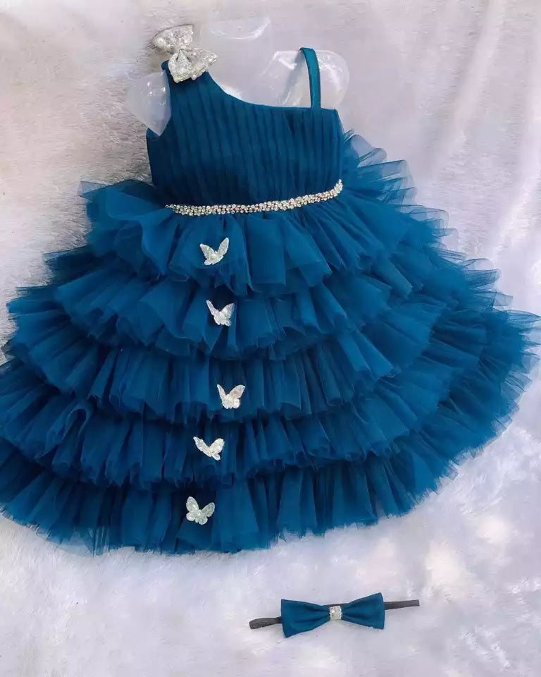Lovely Sequins Bow and Diamond Belt Net Frock for Baby Girls