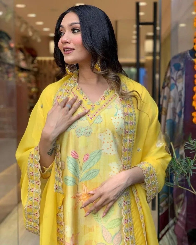 Function Pure Muslin Digital Print With Embroidery Work Kurti Bottom Dupatta