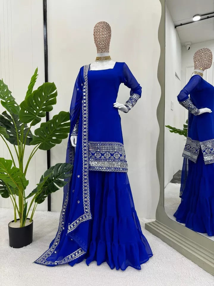 Traditional Classic Wear Faux Georgette Stitched Top Sharara With Dupatta