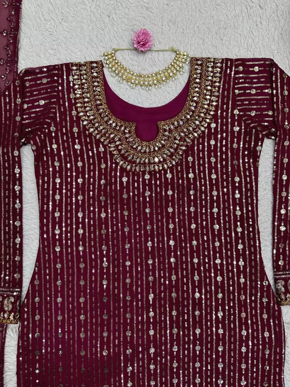 Georgette Function Style Top Pant With Dupatta Set