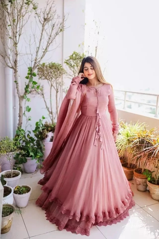Traditional Classic Full Stitched Faux Georgette Long Anarkali Gown Dupatta