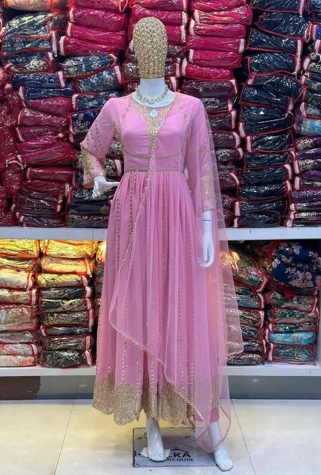 Classic Ethnic Stitched Pure Faux Georgette Long Anarkali Gown Pant Dupatta