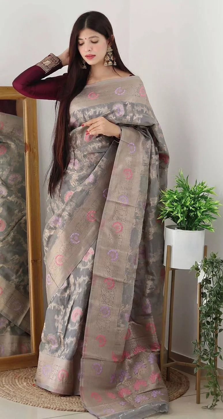 Soft Organza Jacquard Saree ,Function Wedding Sari With Blouse