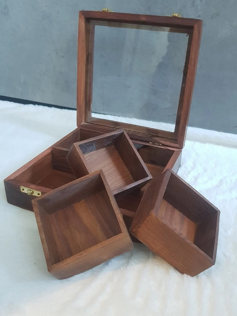Decorative Teak Wooden Spices Box Massala Box With Mirror Lid & Lock Square Namak Dani