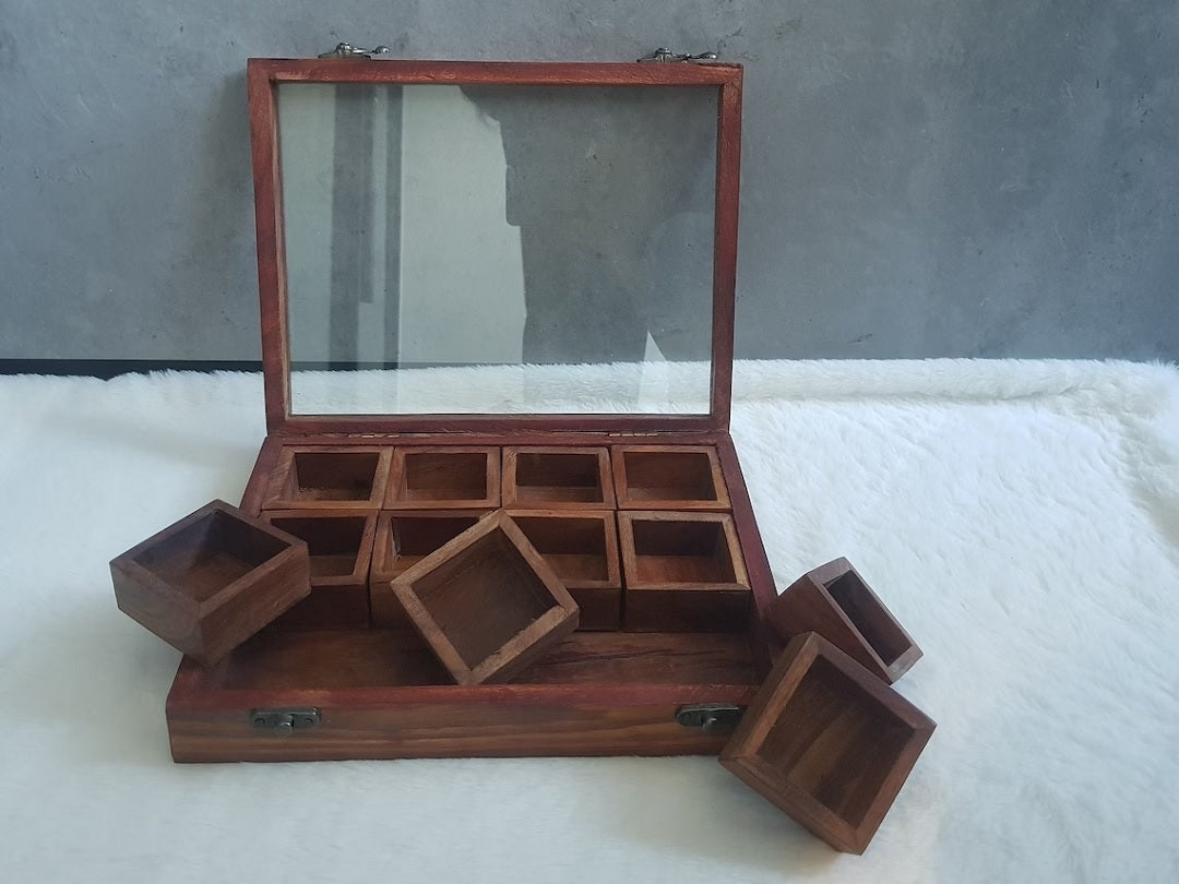 Wooden Multi-Compartment Storage Box Multipurpose Table Top Glass Lid on Top Box Spice box Dry Fruit Box