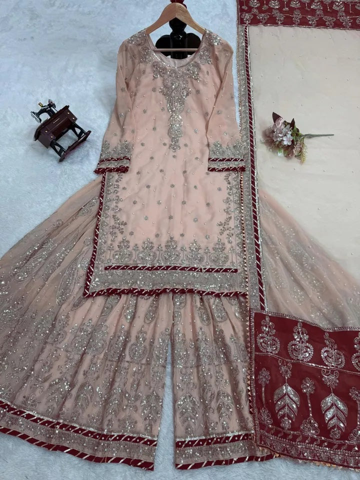 Indian Wedding Special Ethnic Stitched Faux Georgette Top Sharara Dupatta