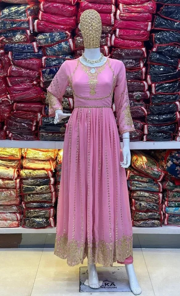 Classic Ethnic Stitched Pure Faux Georgette Long Anarkali Gown Pant Dupatta