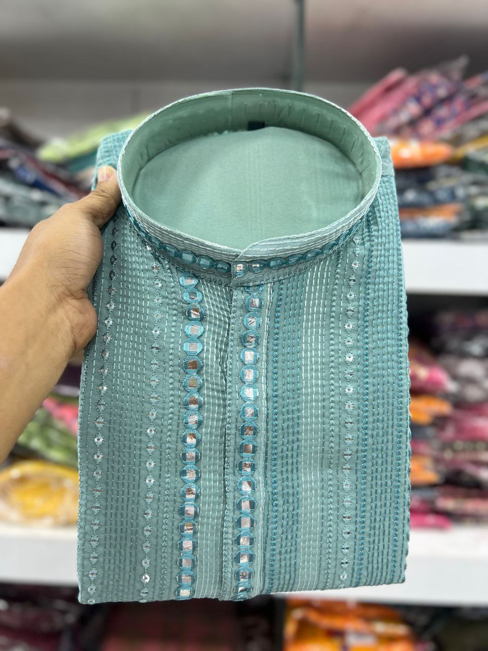 Men\s Heavy Georgette With Heavy Embroidery Work Kurta Pajama Set