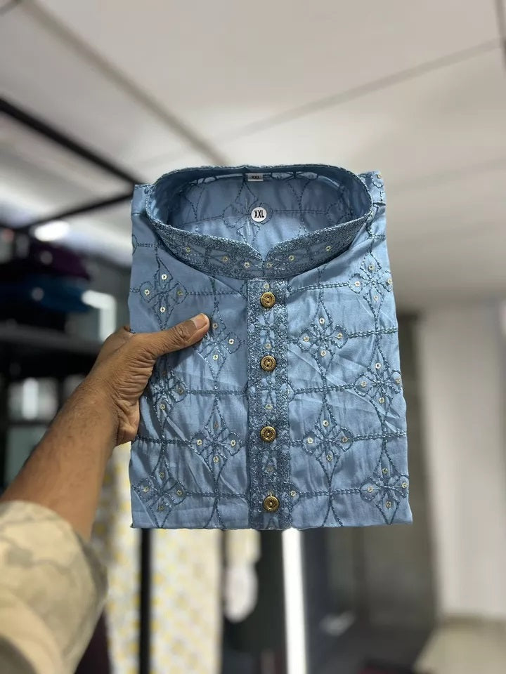 Designer Cotton With Heavy Machine Embroidery Kurta Pajama Set For Men's