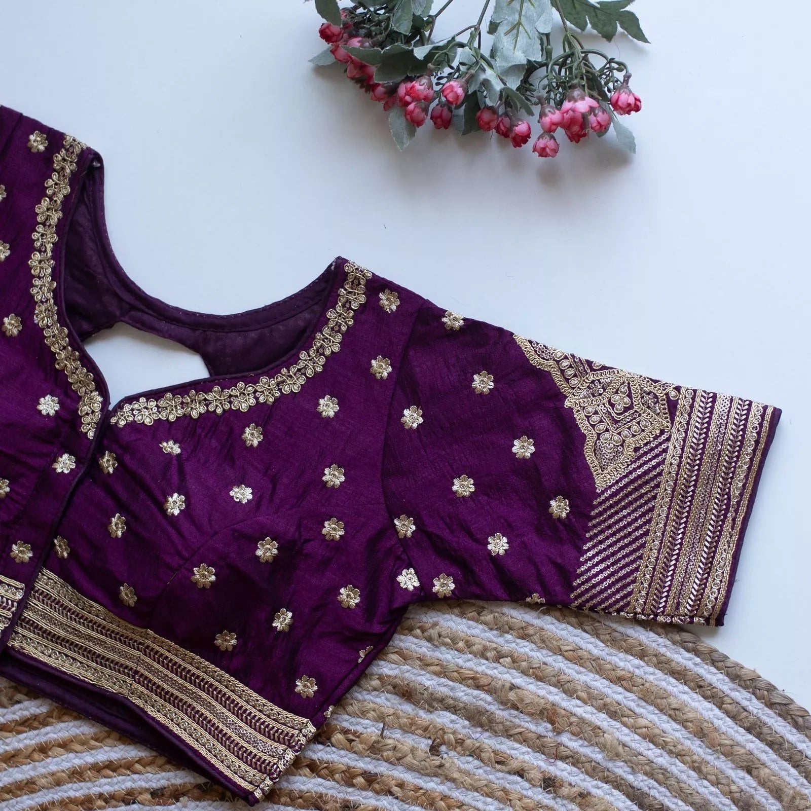 Caterpillar Silk With Golden Embroidery & Sequence Work Full Stitched Blouse & Choli
