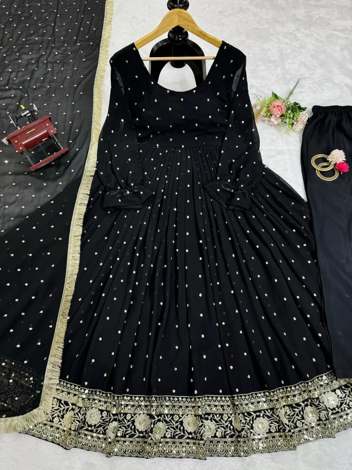 Faux Georgette With Thread Sequence Work Top Pant Dupatta