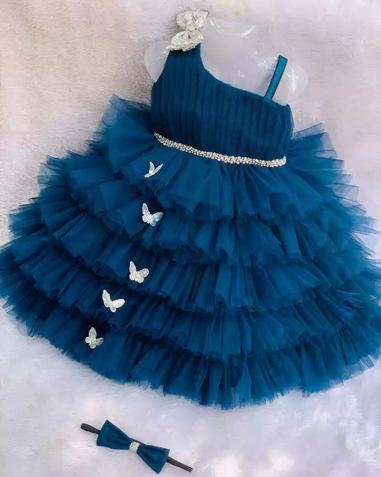 Lovely Sequins Bow and Diamond Belt Net Frock for Baby Girls