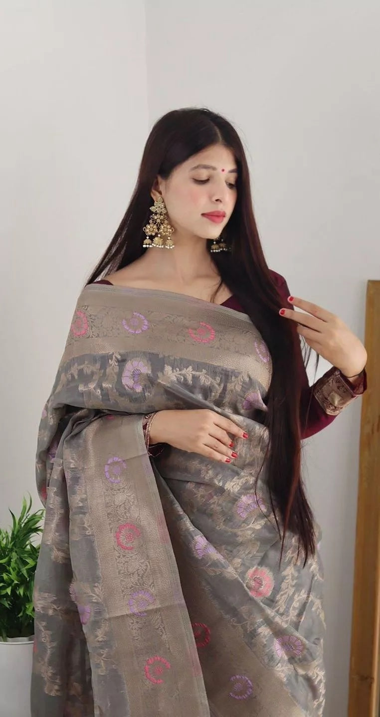Soft Organza Jacquard Saree ,Function Wedding Sari With Blouse