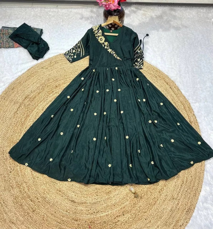 Heavy Pure Chinon Silk With Embroidery Work FullSleeves Gown Bottom Dupatta
