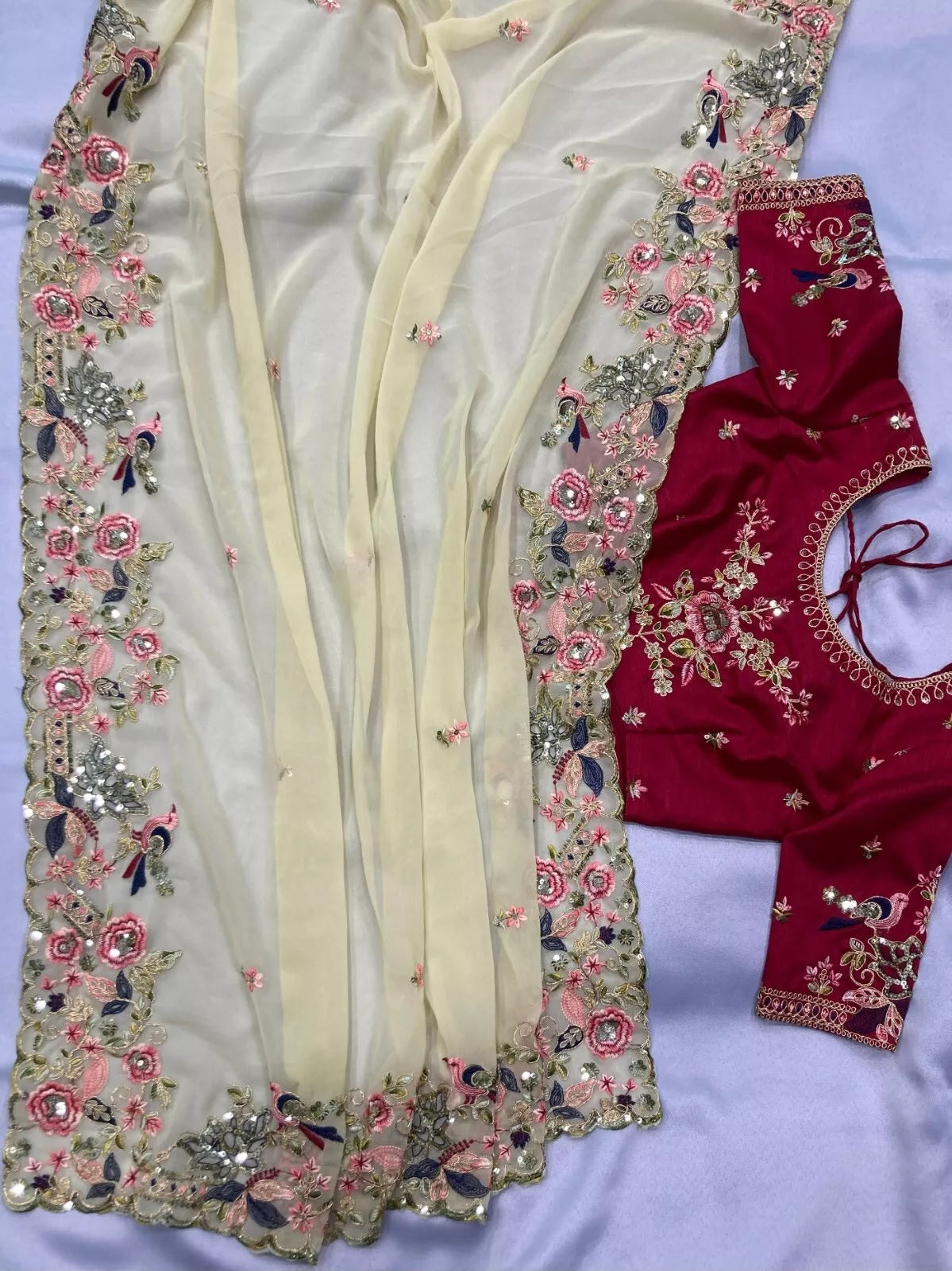 Georgette With Embroidery Work  Designer Saree & Blouse
