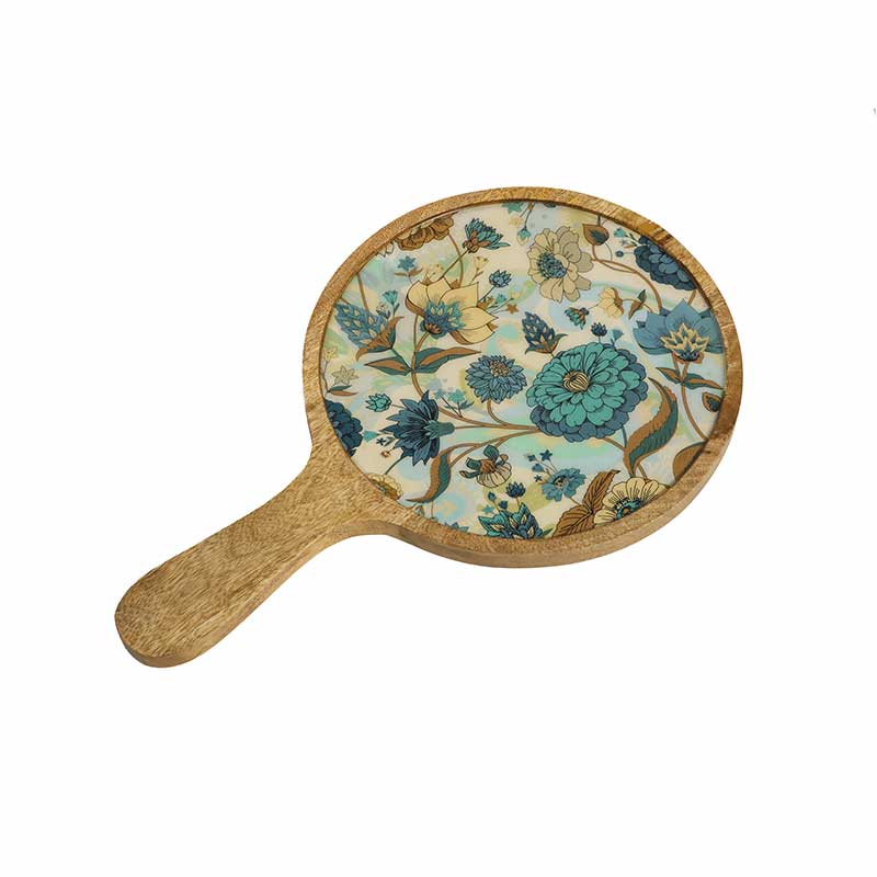 Blue Round Floral Wooden Platter