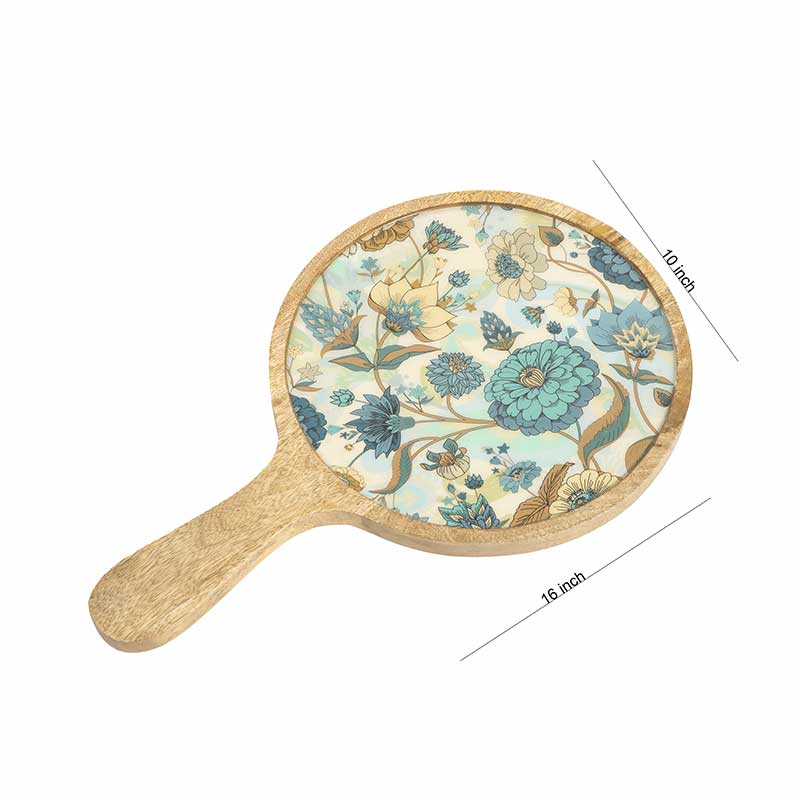 Blue Round Floral Wooden Platter