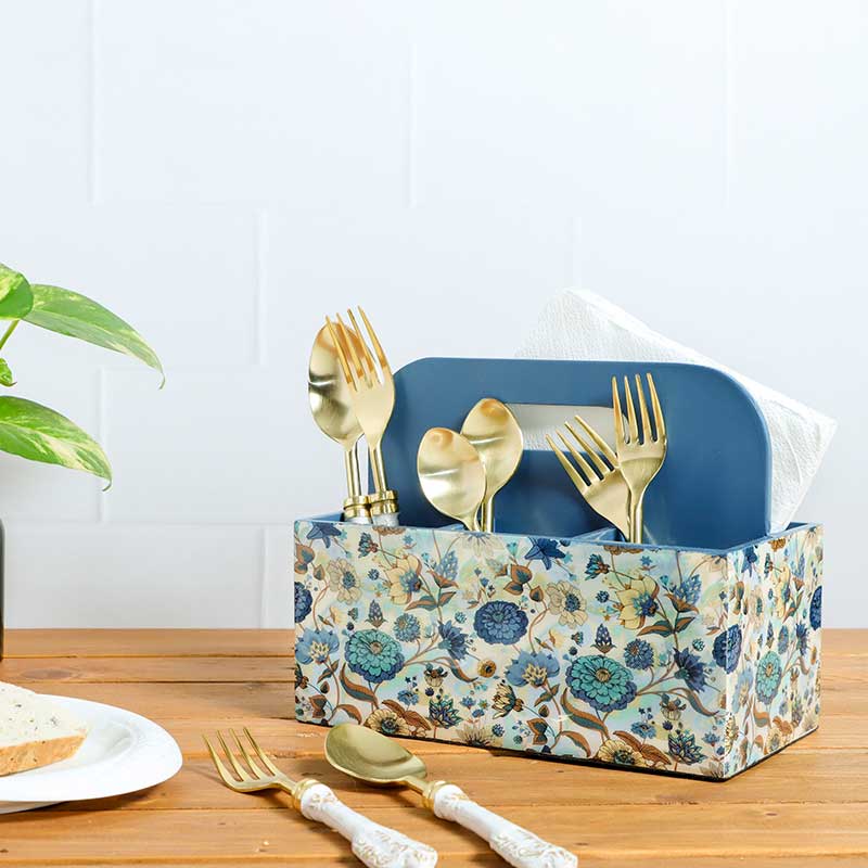 Blue Floral Mdf Cutlery Holder