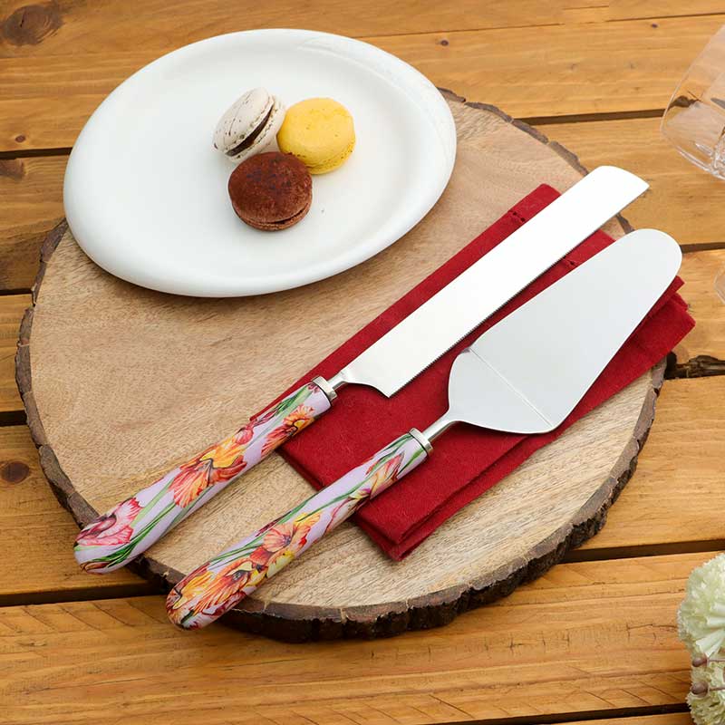Gladiolus Harmony Print Stainless Steel Cake Server | Set Of 2