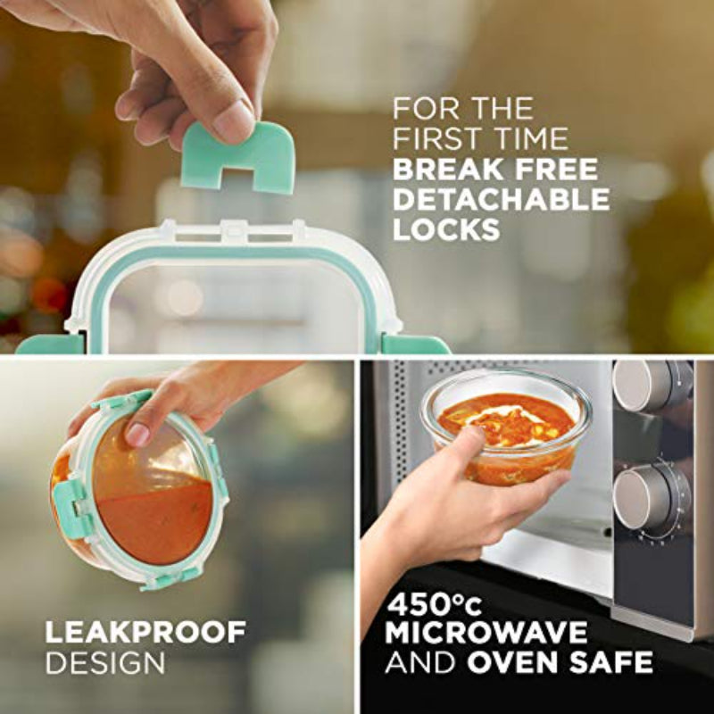 Azley  Safe Glass Lunch box with Break Free Detachable Lock | Set Of 4 | Multiple Colors
