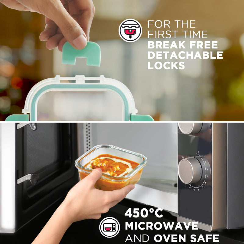 Avy FoodSafe Safe Glass Container with Break Free Detachable Lock | Set Of 4