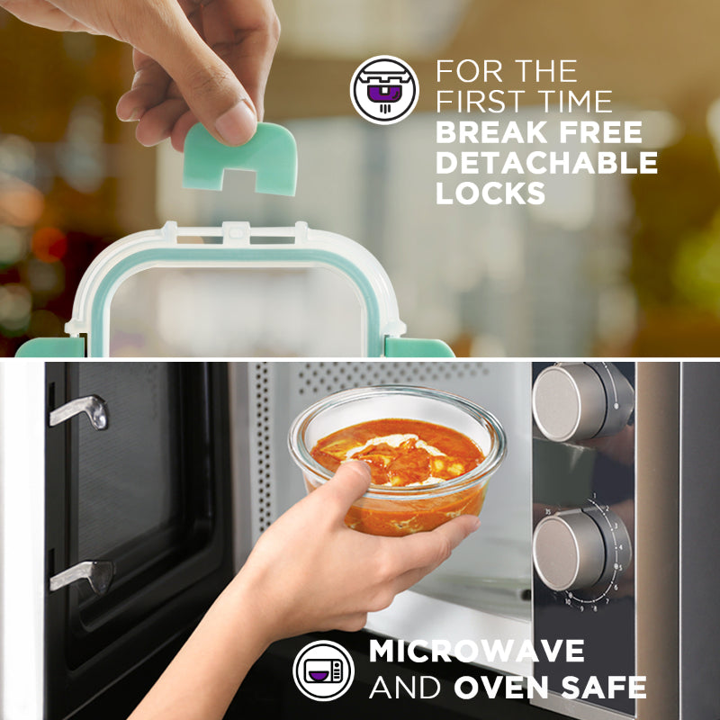 Ayame Safe Glass Container with Break Free Detachable Lock Round 635ml | Set Of 2, 3, 4