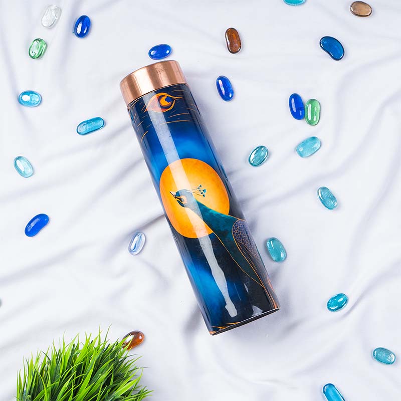 Lunar-Themed Copper Bottle with Peacock Motif