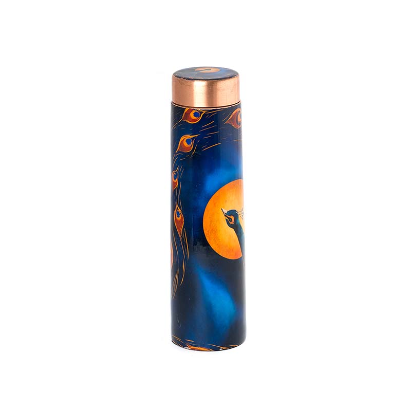Lunar-Themed Copper Bottle with Peacock Motif