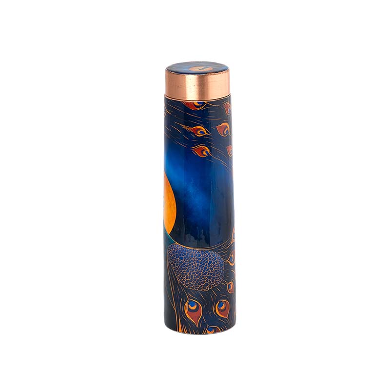 Lunar-Themed Copper Bottle with Peacock Motif