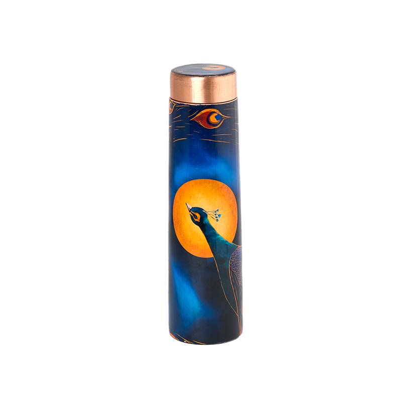 Lunar-Themed Copper Bottle with Peacock Motif