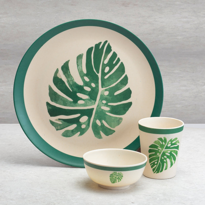 Bamboo Fibre Dinner Sets  | Set of 12 | Leaf Design, Wooden Design, Stonewash, Cement