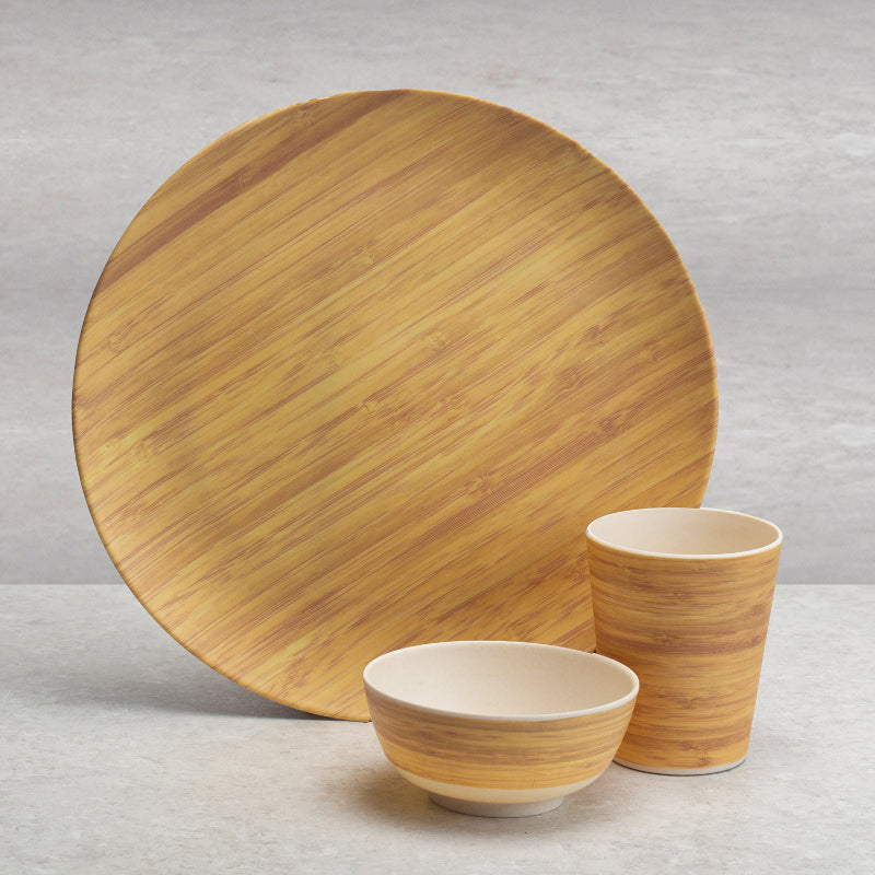 Bamboo Fibre Dinner Sets  | Set of 12 | Leaf Design, Wooden Design, Stonewash, Cement