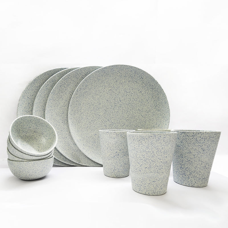 Bamboo Fibre Dinner Sets  | Set of 12 | Leaf Design, Wooden Design, Stonewash, Cement