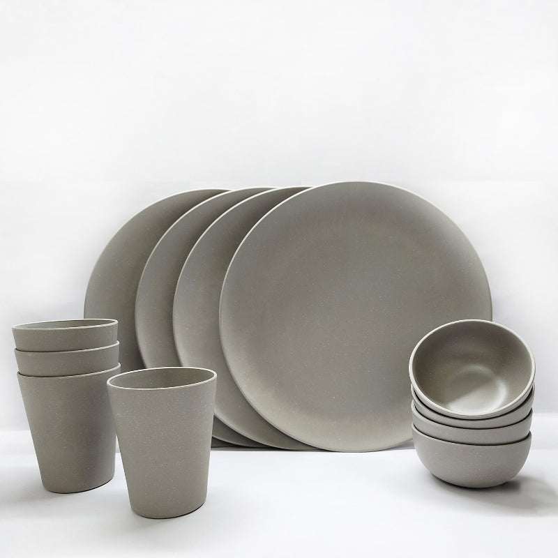 Bamboo Fibre Dinner Sets  | Set of 12 | Leaf Design, Wooden Design, Stonewash, Cement