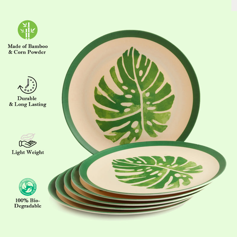 Bamboo Fibre Dinner Sets  | Set of 12 | Leaf Design, Wooden Design, Stonewash, Cement