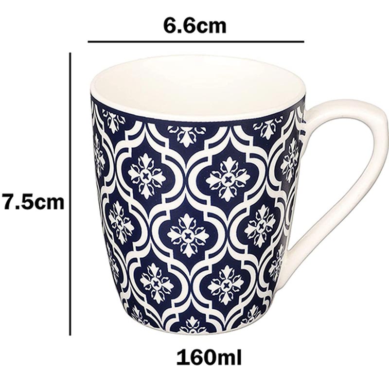 Bone China Blue Block Print Design Tea Cup | Set of 6 | 160 ML