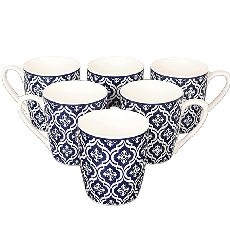 Bone China Blue Block Print Design Tea Cup | Set of 6 | 160 ML